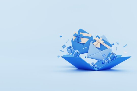 blue open gift box, open envelope with inviation, greeting, gift card with ribbon and bow and floating elements. sale and online shopping concept. 3d rendering with copy space