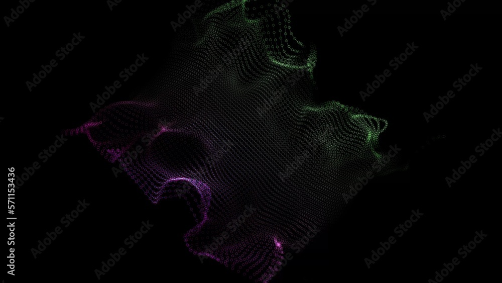 Poster colorful green and purple wavy particle surface on black background. technology or science banner. p