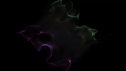 Colorful Green and Purple Wavy Particle Surface on Black Background. Technology or Science Banner. Particles with DOF Effect. 3D rendering