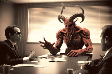 A meeting in the office of the boss who is lucifer, the prince of darkness, lord of the underworld, satan himself. Giving orders to his worker slaves, evil businessman and as a monster corperation