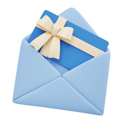 open light blue envelope with inviation, greeting, gift card with ribbon and bow isolated. sale and online shopping concept. 3d illustration PNG file © perpixdsgn