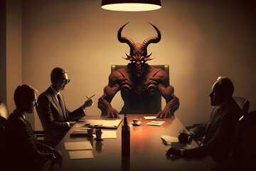 A meeting in the office of the boss who is lucifer, the prince of darkness, lord of the underworld, satan himself. Giving orders to his worker slaves, evil businessman and as a monster corperation