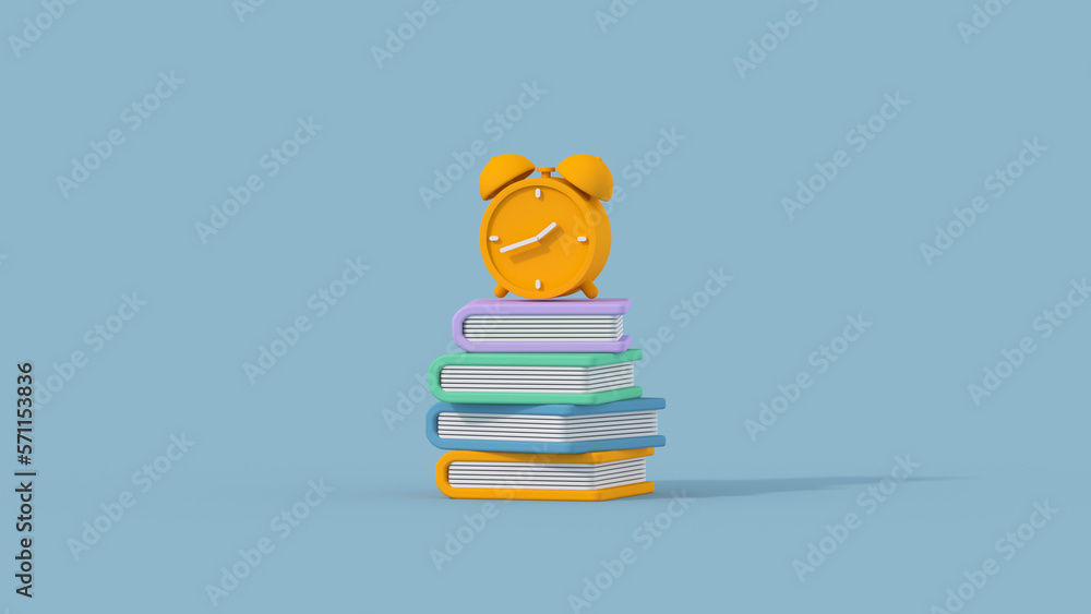 Poster clock on a stack of books minimal 3d render illustration