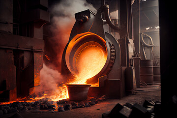 Liquid iron molten metal pouring in container, industrial metallurgical factory, foundry cast, heavy industry background - obrazy, fototapety, plakaty