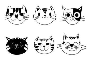 Cute cartoon cat doodle set, funny vector icons. Hand drawn sketch style cat characters faces. EPS