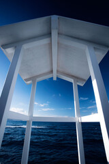 White empty beach huts on Procida island, Italy.