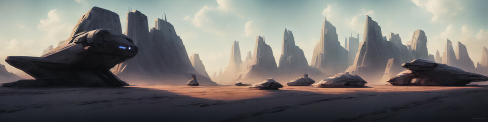 Fototapeta na wymiar Panoramic view of a planet featuring alien structures, sci-fi landscape.. Generative AI