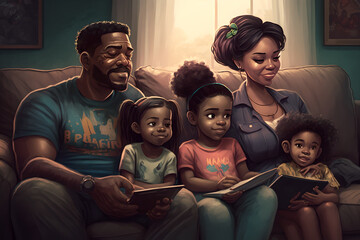 A very big happy multi generational black family, african american, sitting together very close on a couch, in the lounge, watching a movie, portrait, close up, wide angle, happy and smiling, laughing