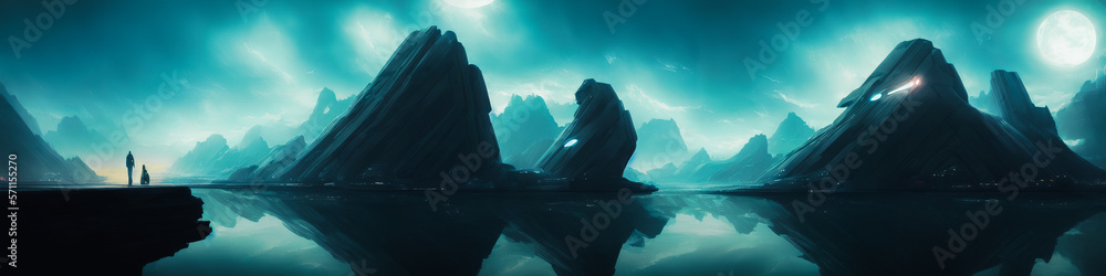 Wall mural panoramic view of a planet featuring alien structures, sci-fi landscape.. generative ai