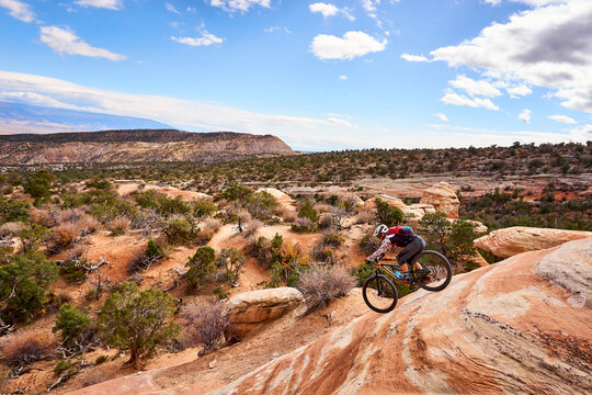 A man riding his mountain bike in the Colorado desert.