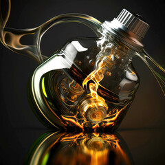 Low oil pressure lamp and liquid stream of motorcycle motor oil flows from the neck of the bottle close-up, ai