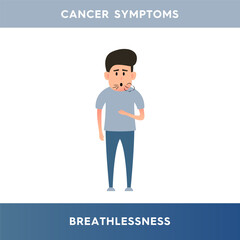 Vector illustration of a man who has breathing problems. It is difficult for a person to breathe due to lack of oxygen. Cancer symptoms. Illustration for medical articles, posters, stands