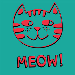 Hand drawn vector illustration of a cute funny cat face, grinning, with quote Meow. Isolated objects. Line drawing. Design concept for poster, t-shirt print. EPS