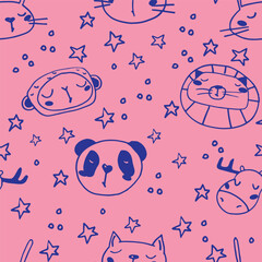 Seamless pattern with cute animals. Panda, lion, deer, monkey, cat Vector illustration EPS