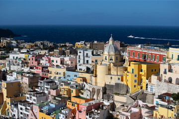 Beautiful fishing village, Marina Corricella on Procida Island, Bay of Naples, Italy.