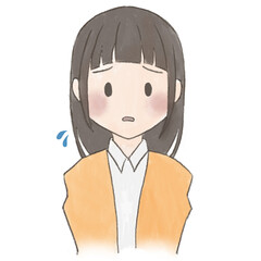 人物手描き風困った顔のロングヘアの女性