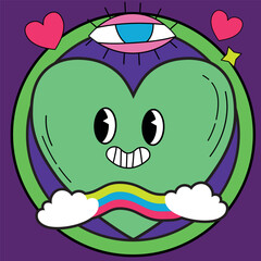 Cute cartoon heart character in retro style with eyes. Hippie, psychedelic, groove, retro and vintage style. Vector illustration EPS