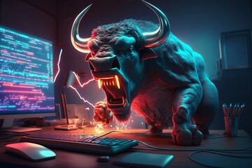 Angry Bull trading with computer, Bullist in Stock market and Crypto currency. Generative Ai - obrazy, fototapety, plakaty