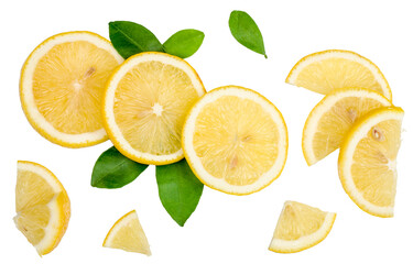Slices of lemon isolated on white background. Lay Flat, top view