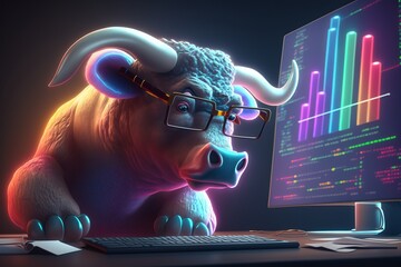 Bull trading with computer, Bullist in Stock market and Crypto currency. Generative Ai - obrazy, fototapety, plakaty