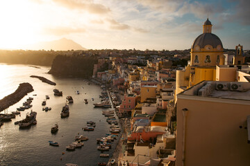 Beautiful fishing village, Marina Corricella on Procida Island, Bay of Naples, Italy.