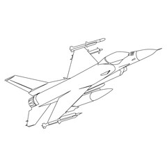Fototapeta na wymiar Air Force F-16 Fighting Falcon fighter jet Line art drawing,outline vector illustration isolated on white background.Modern combat aviation poster,print,emblem,black and white sketch