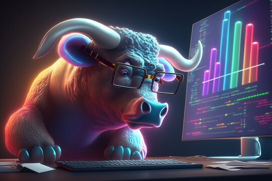 Bull trading with computer, Bullist in Stock market and Crypto currency. Generative Ai