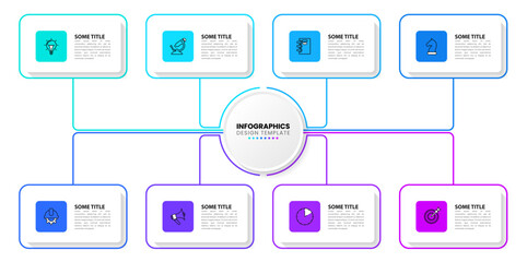 Infographic template. 8 rectangles connected to a central circle