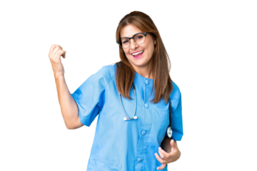 Middle age nurse woman over isolated background making guitar gesture