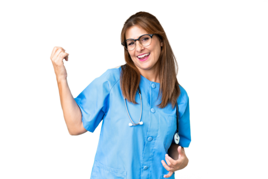 Middle age nurse woman over isolated background making guitar gesture