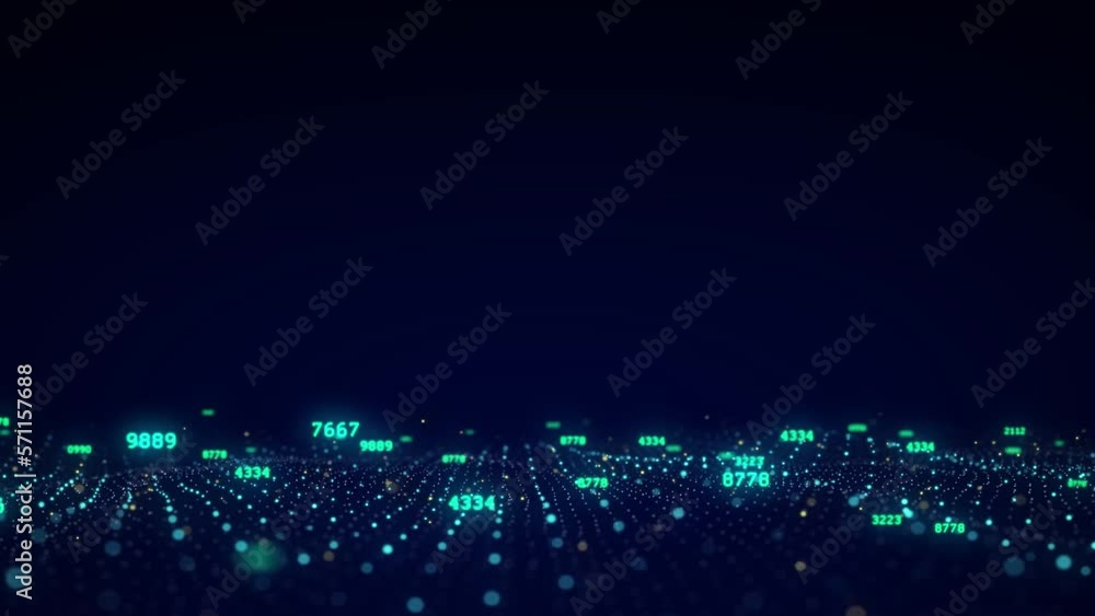 Poster Virtual dynamic digital wave in cyberspace. Binary code data flow. Technology of science wave of particles. Metaverse concept. 3d rendering.