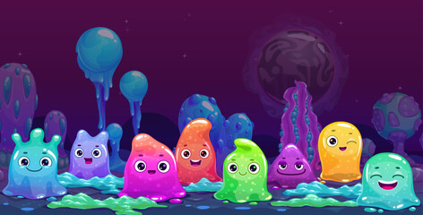Cute cartoon banner with colorful slimy aliens
