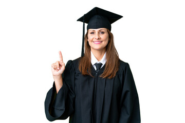Middle age university graduate woman over isolated background showing and lifting a finger in sign of the best
