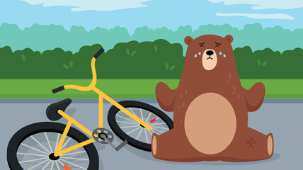 The bear fell off the bike and is crying while sitting on the road. Vector cartoon illustration.