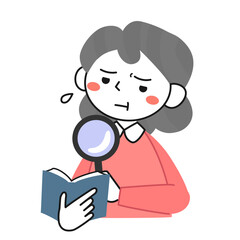 老眼のため虫眼鏡を使って活字を見るシニア女性