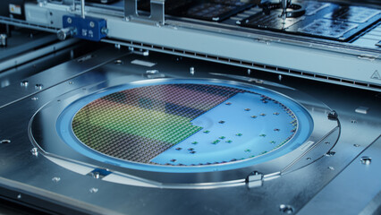 Semiconductor Wafer after Dicing Process. Silicon Dies are Being Extracted by Pick and Place...