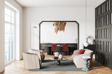 Modern living room interior with relaxing and eating area on background