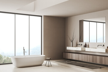 Naklejka na ściany i meble Corner view on bright bathroom interior with large mirror