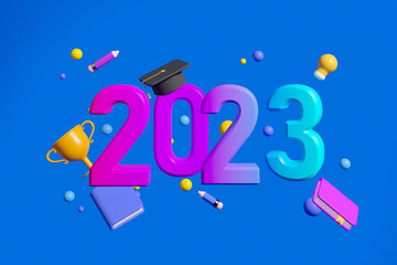 2023 and graduation cap with champion cup on blue background