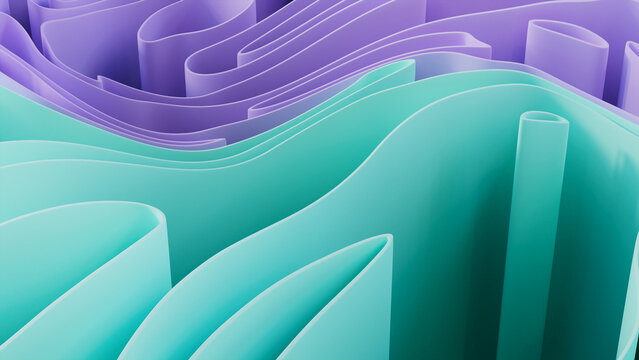 Abstract wallpaper made of Purple and Aqua 3D Ribbons. Multicolored 3D Render. 