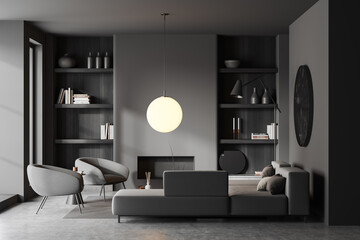 Grey living room interior with couch and shelf with decoration