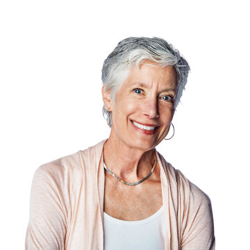 Close up of a beautiful mature female model smiling elegantly at the camera isolated on a png background.