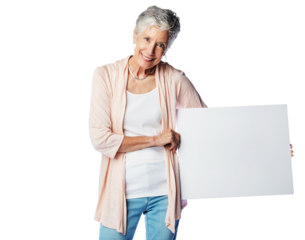 A mature confident woman smiling and holding a blank promotional pla card or a white board as recommendation and looking at the camera isolated on a png background..