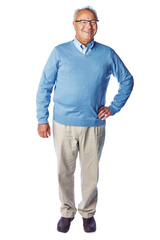 A happy senior retired bank manager in formal wear standing and posing with his one hand on his waist isolated on a png background.