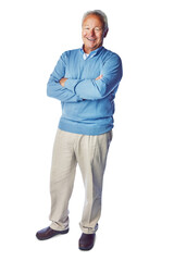 Fototapeta premium A mature senior man with a wrinkled face posing with hands crossed in a blue sweater isolated on a png background