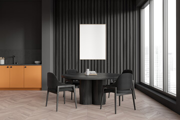 Naklejka na ściany i meble Dark kitchen interior with dinner table and panoramic window. Mockup frame