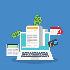 Tax payment. Mobile payment service. Data analysis, paperwork, financial research report and calculation of tax return. Payment of debt. Vector illustration