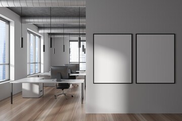 Light office interior with pc computer and panoramic window. Mockup frames