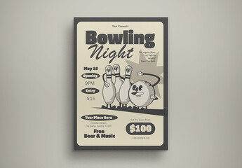 Cream Retro Illustration Bowling Night Flyer Layout