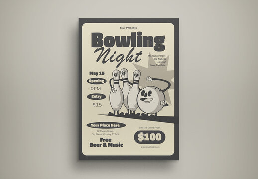 Cream Retro Illustration Bowling Night Flyer Layout